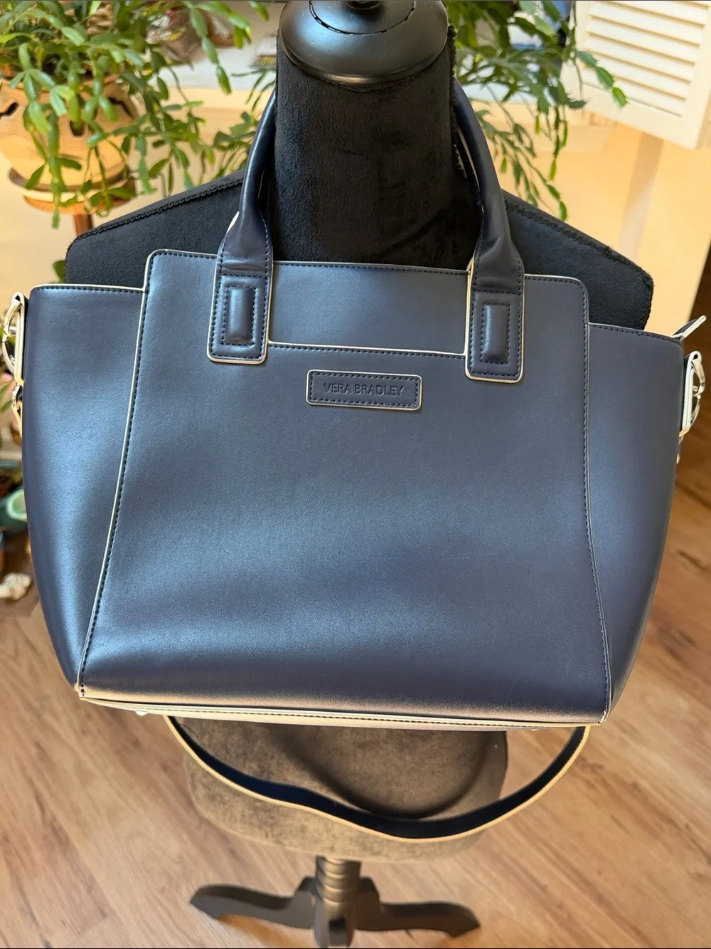 Vera Bradley Navy Structured Vegan Leather Satchel w/ crossbody strap